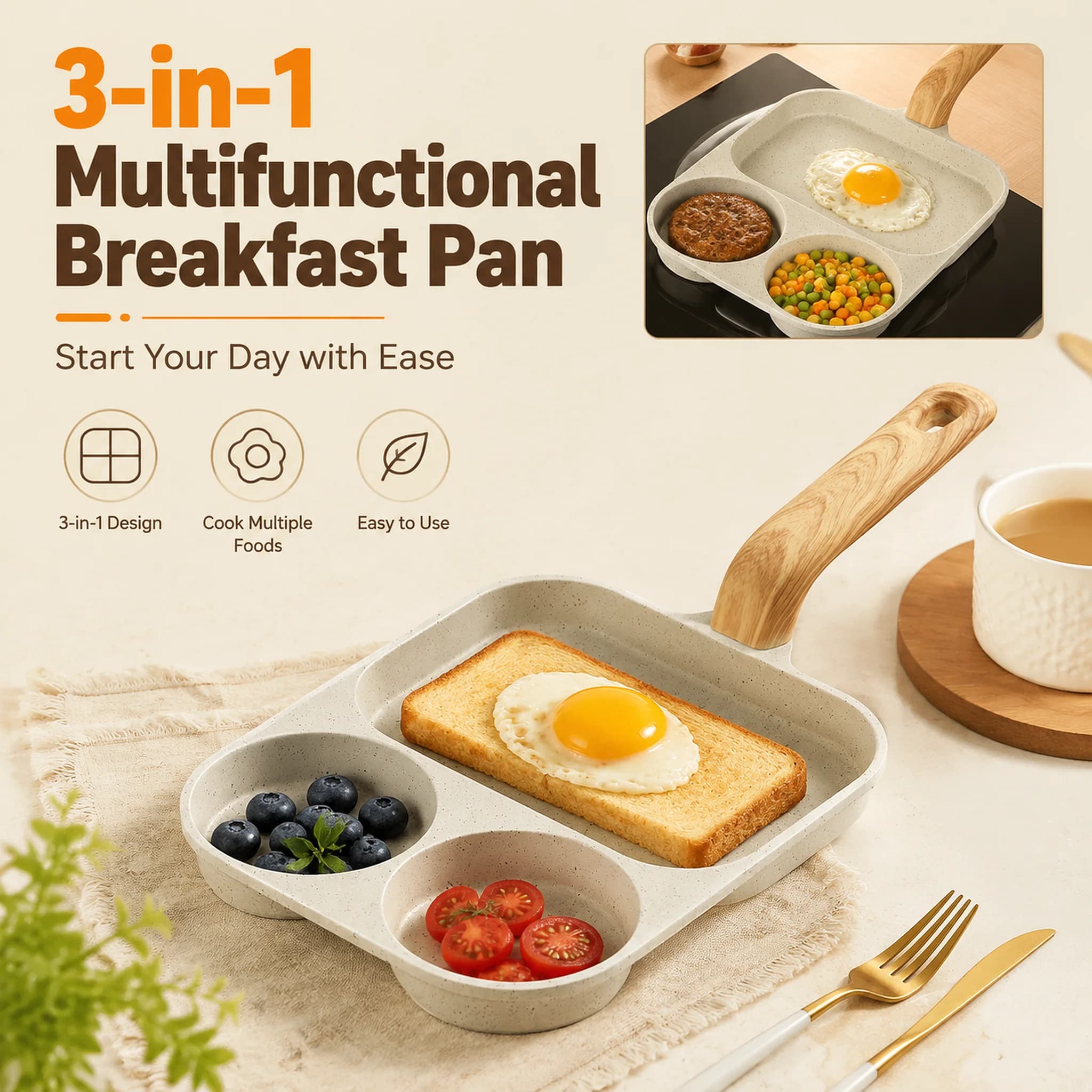 Universal non-stick divider 3 in 1 Mini multifunctional burger pan for domestic use kitchen breakfast steaks flat bottom pan