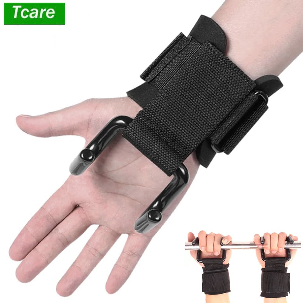 Tcare 2 pezzi impugnature con gancio in acciaio regolabili cinghie sollevamento pesi allenamento per la forza palestra fitness supporto per il polso cinghia di sollevamento gancio per trazioni