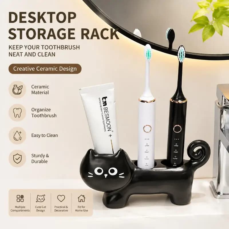 Cute Black Cat Ceramic Toothbrush Holder Multi Slots Non Slip Base For Bathroom Countertop Storage Home Decor