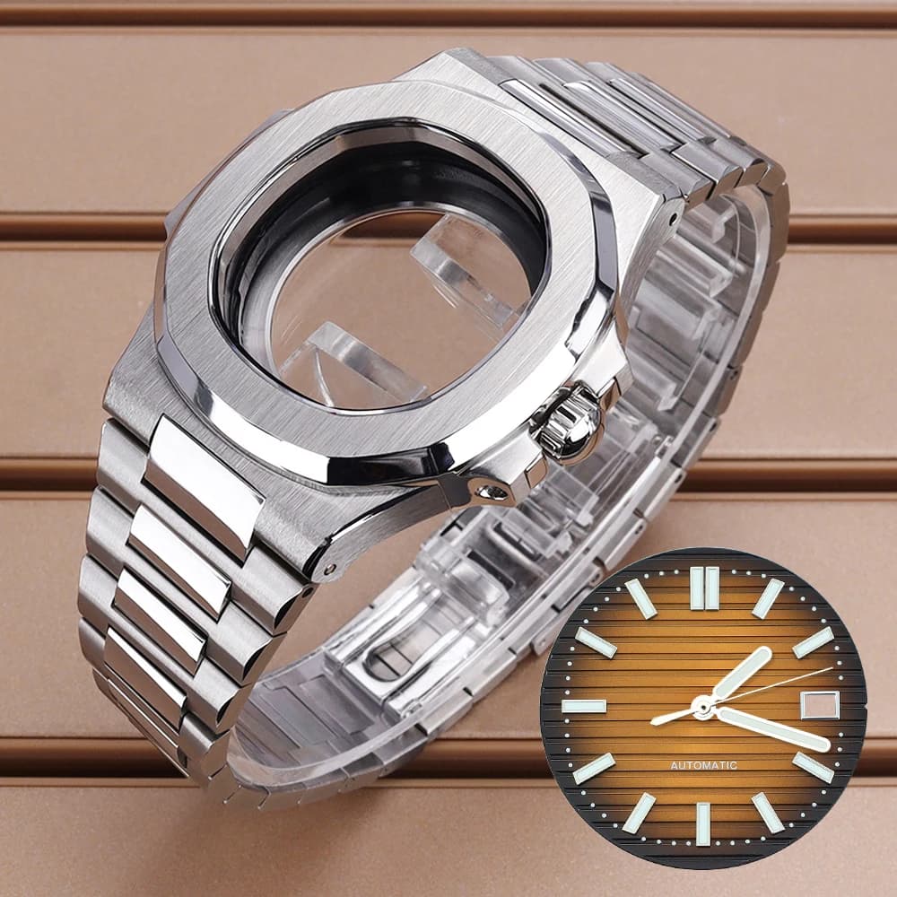 New 40mm Square NH35 Watch Case Parts Glass Back For Nautilus NH35 NH34/36 NH38 29.8mm Dial Sapphire Crystal 316L Steel Bracelet