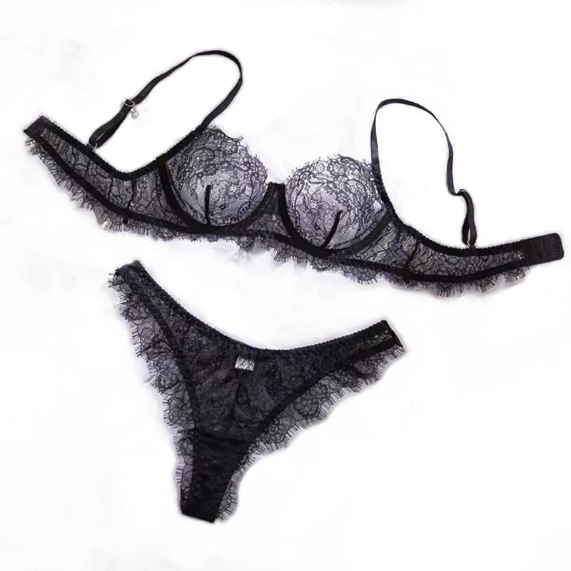 2pcs Ladies' Basic Style Thin Lace Bra And Panty Set Comfortable Seamless Single Layer Romantic Transparent Intimate Apparel