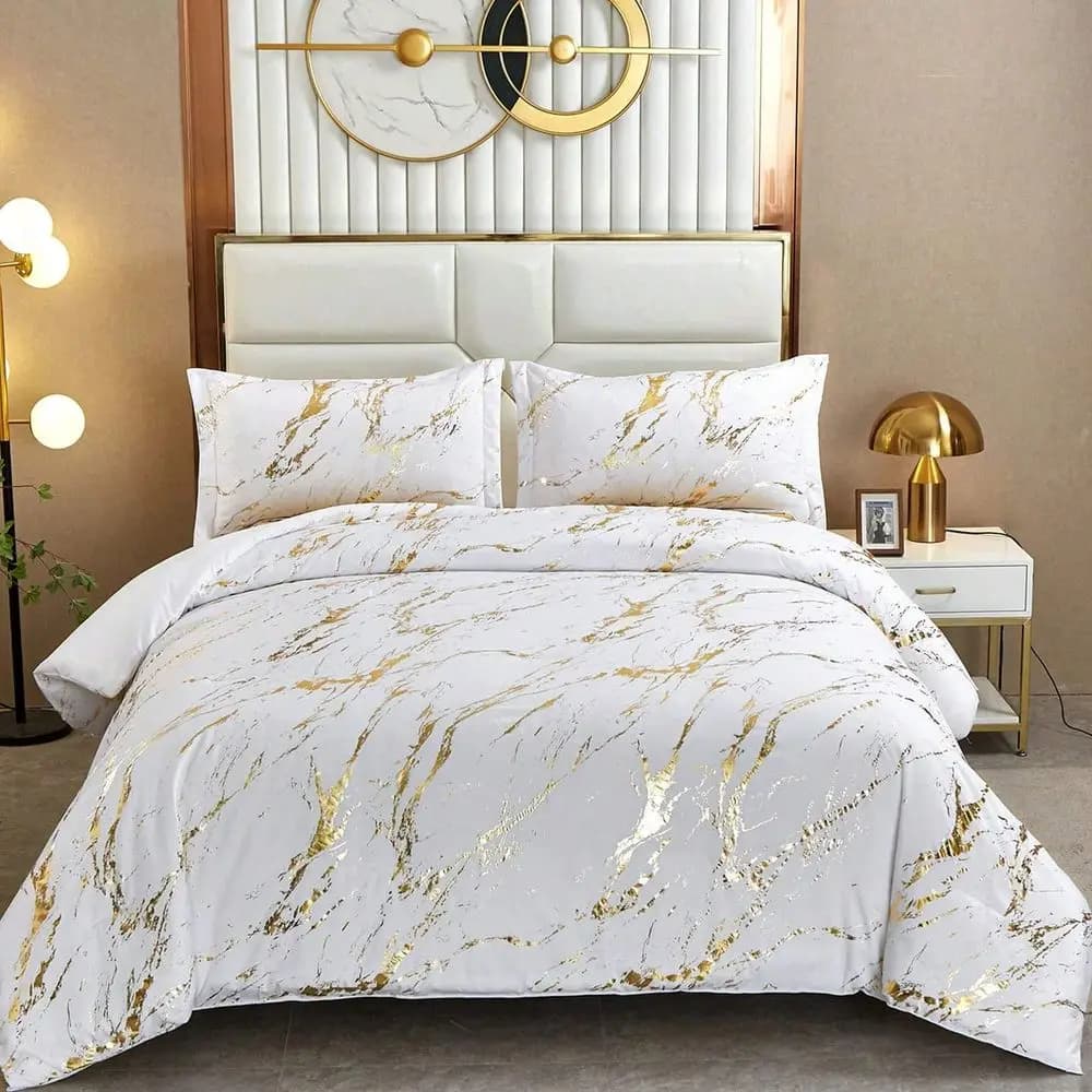 Set Copripiumino in Marmo Metallico Nero Bianco Oro con Stampa Lamina e Glitter, Misura Queen/King, con 2 Federe, per Tutte le Stagioni