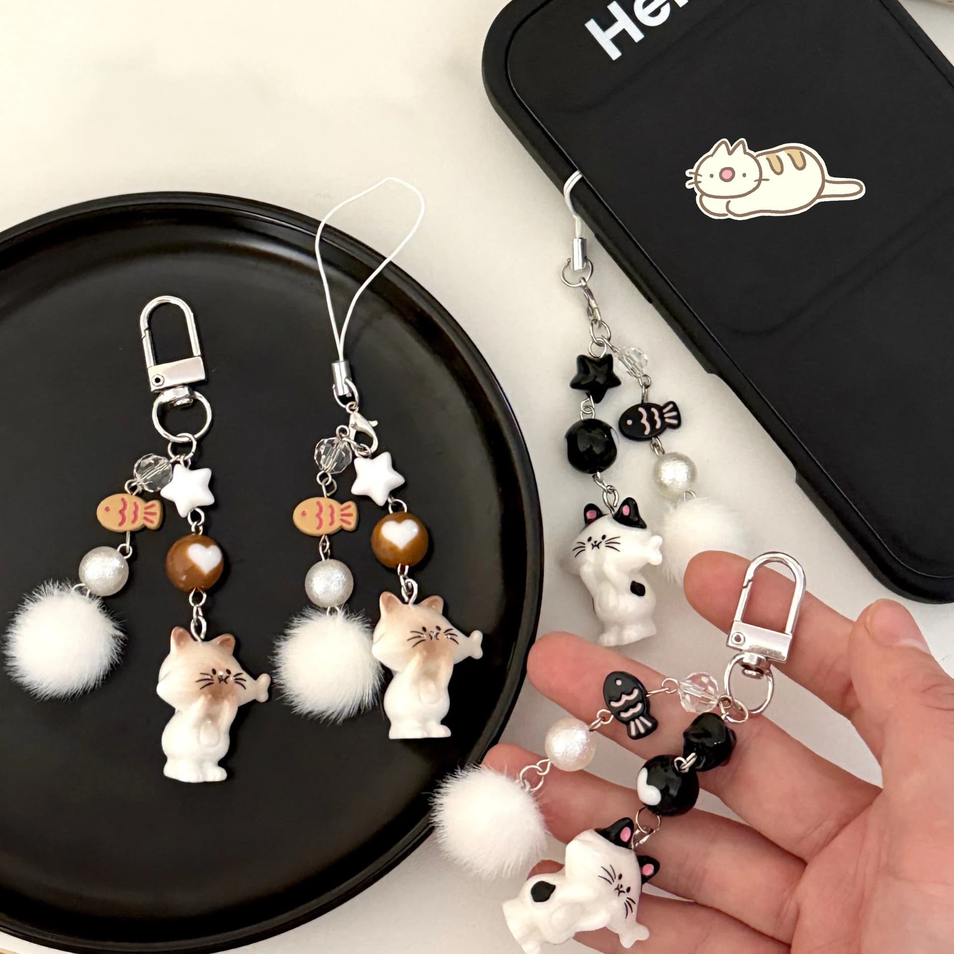 1/4 Pcs Cute Cat Phone Chain Pendant Girl Versatile Keychain Hairball Bead Pendant Backpack Pendant