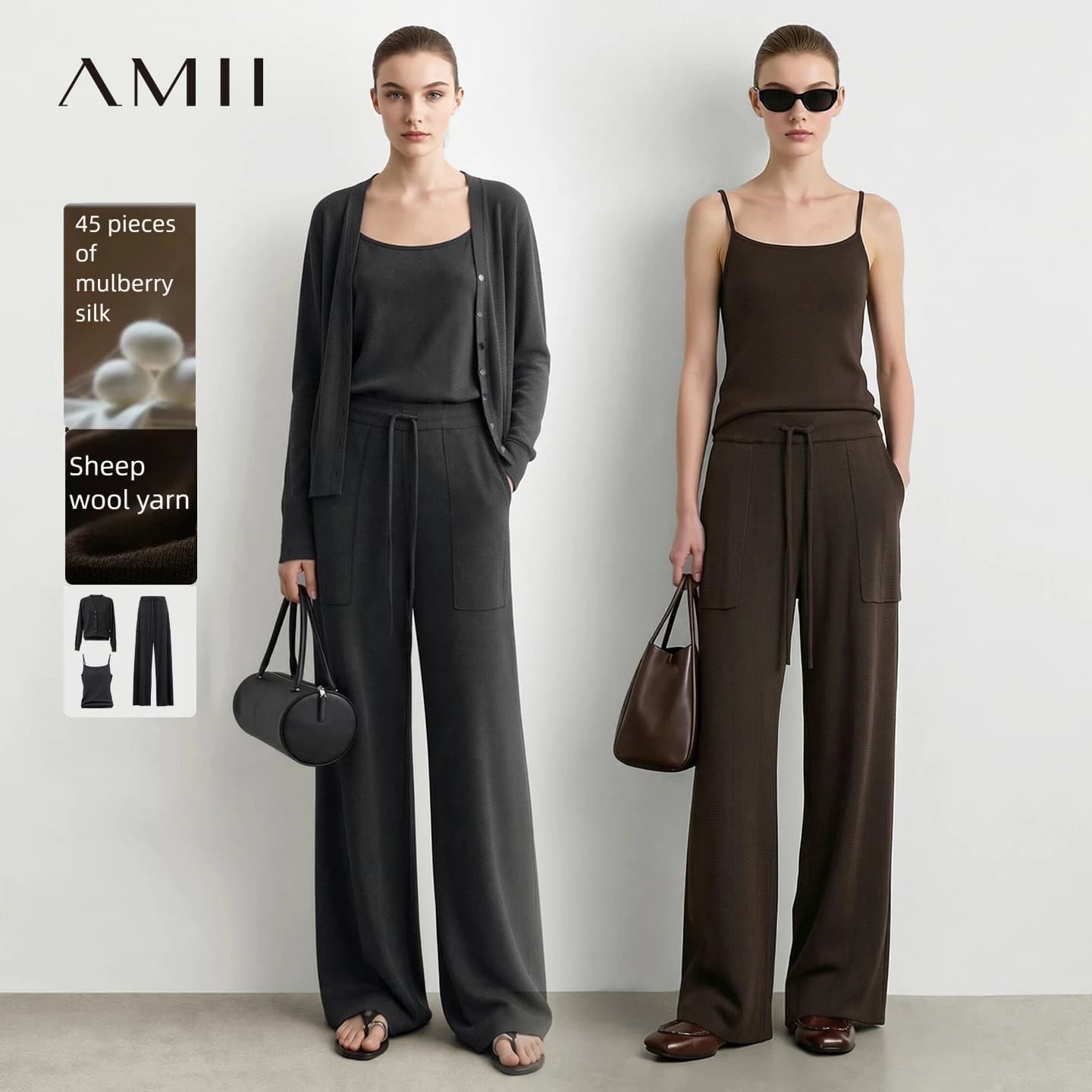 Amii 2026 Autumn New Cardigans Mulberry Silk Blend Outfit Set Cami Tops Separately Knit Cardigan Casual Trousers Women 12643073
