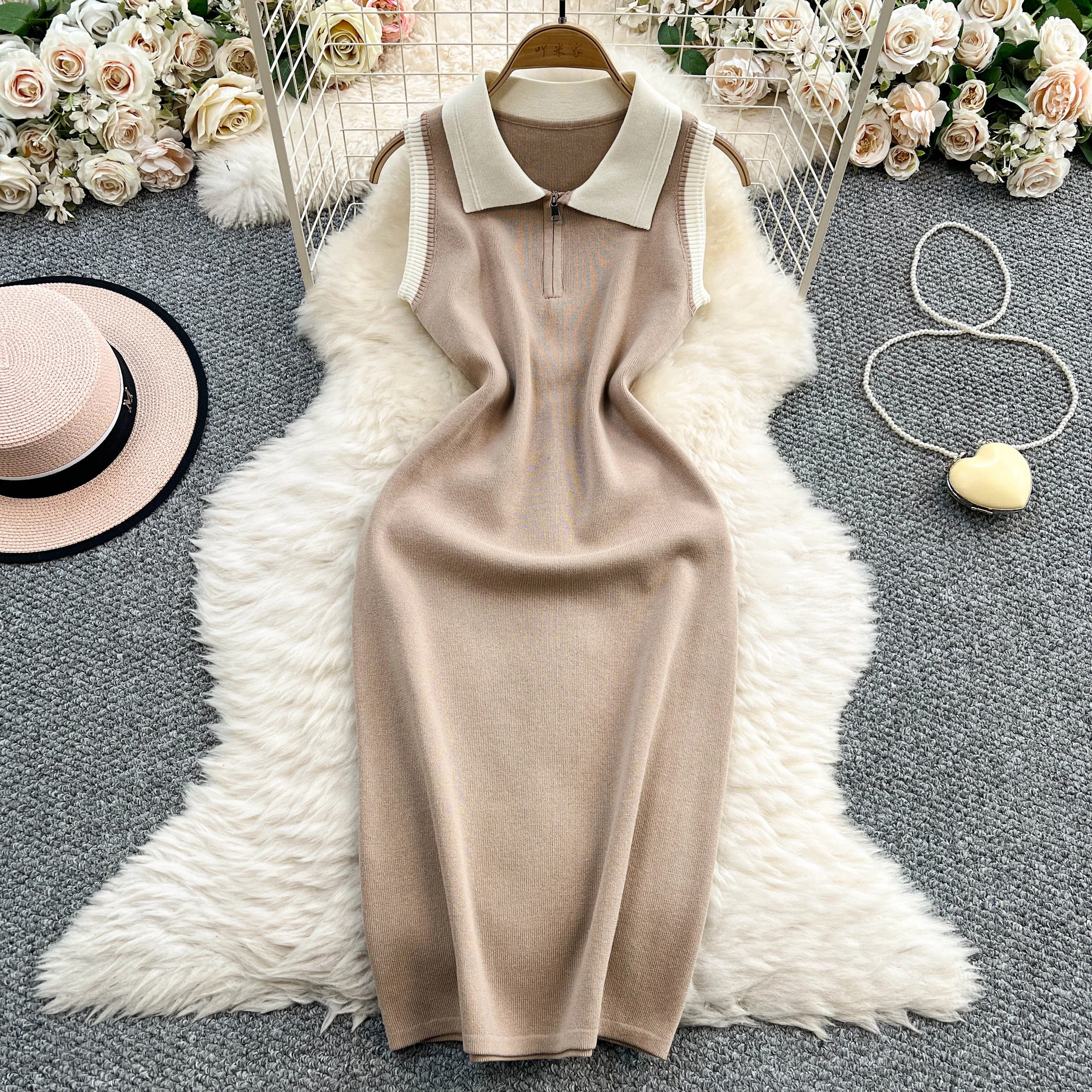 REALEFT Elegant Zipper Knitted Women's Wrap Dresses 2025 New Summer Sleeveless Polo Collar Solid Casual Sheath Tank Dress Female