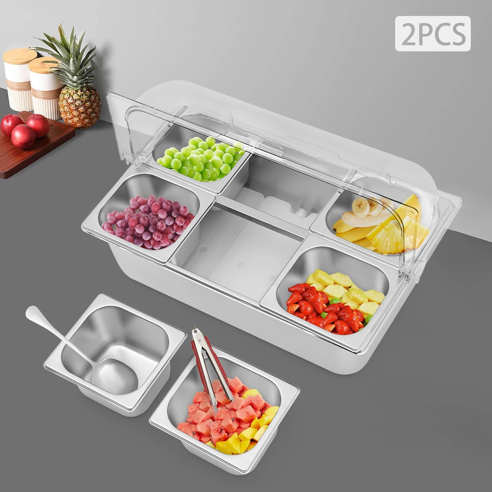 Contenitori per la preparazione dei pasti a 6 scomparti in acciaio inossidabile da 2 pezzi con coperchi, 12 clip per alimenti e 12 cucchiai per piatti da festa e picnic