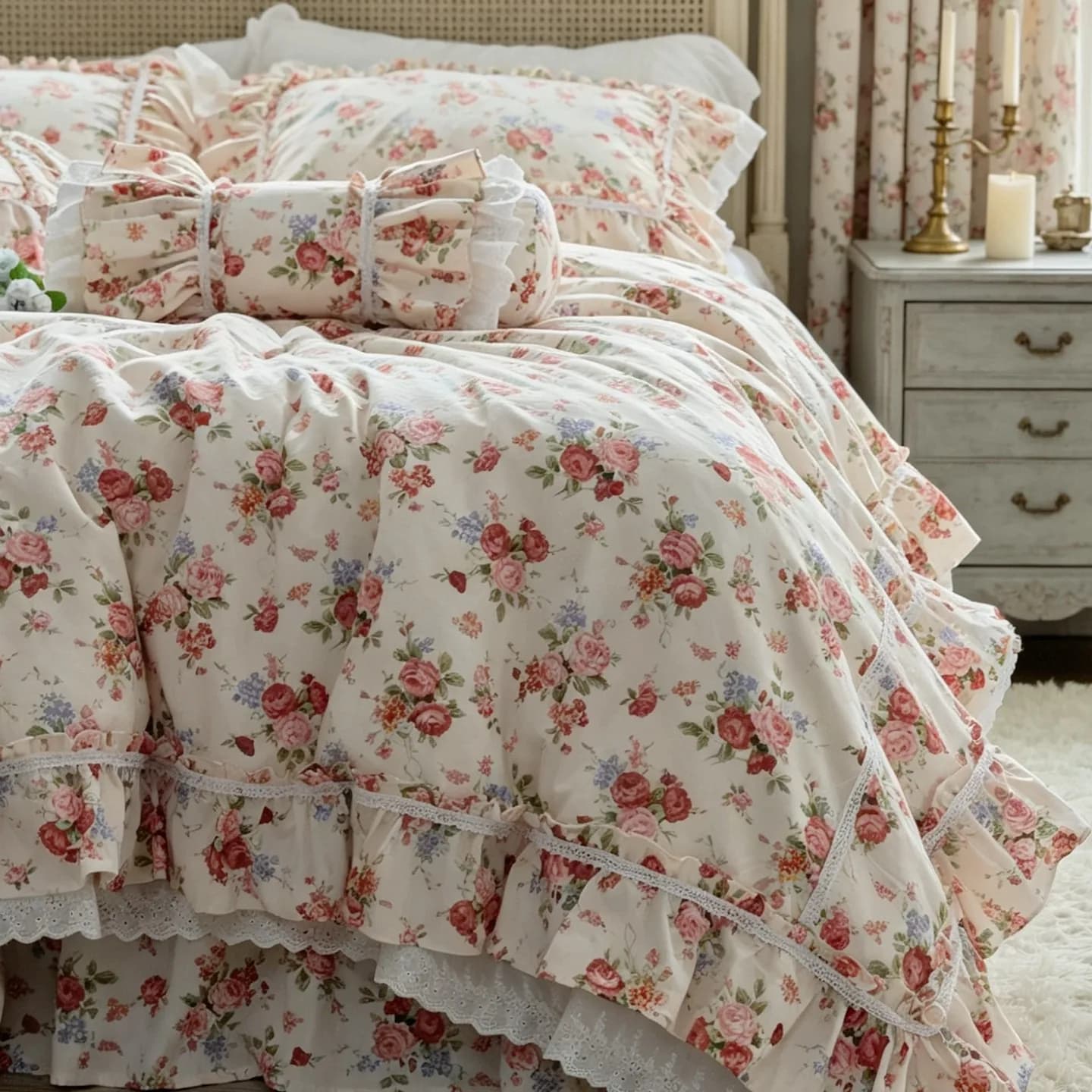 French Retro Princess Bedding Set Rosette Manor Style Ruffle Bed Skirt 100% Cotton Duvet Cover Set Vintage Floral Quilt Covers