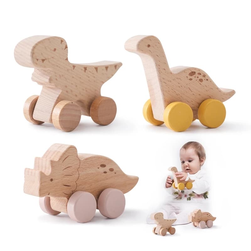 Giocattoli Montessori in legno per bambini Legno di faggio Tyrannosaurus Rex Dinosauro Auto Massaggiagengive Giocattoli educativi Bambini Dentizione Regalo per bambini
