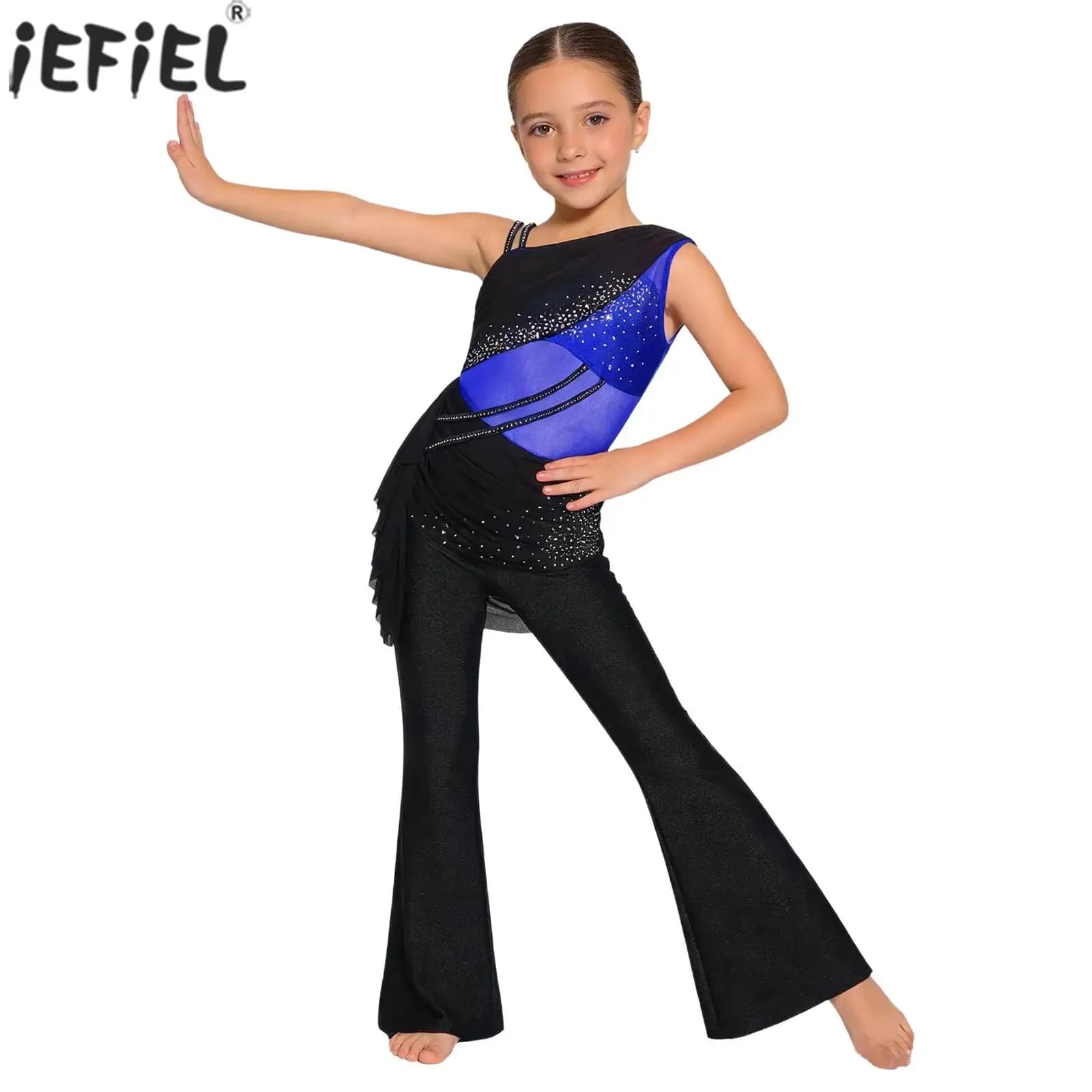 Tuta da ballo moderna per bambine, con strass scintillanti e inserti in rete, a zampa d'elefante, per danza jazz, latina, balletto e pattinaggio artistico