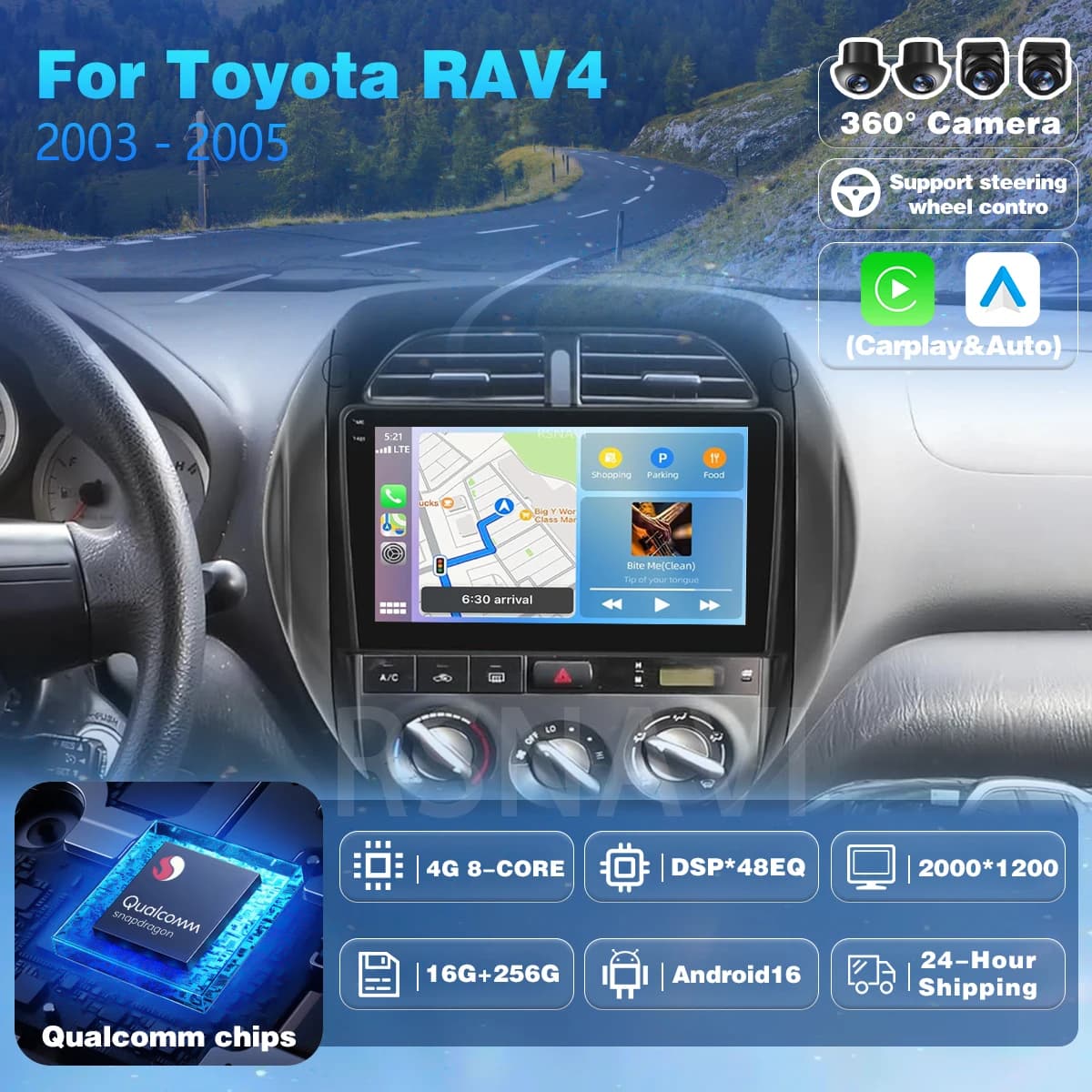 Plug and Play Android 16 Carplay Auto Screen Car Radio DAB+ Multimedia Player For Toyota RAV4 RAV 4 2003 - 2005 2K Autoradio GPS
