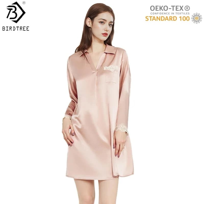 Birdtree,OEKO-TEX, 100% Silk Long Solid Nightshirt,Women Half Sleeve Lapel Homewear Sleep Pajamas,2025 New D5D008JF