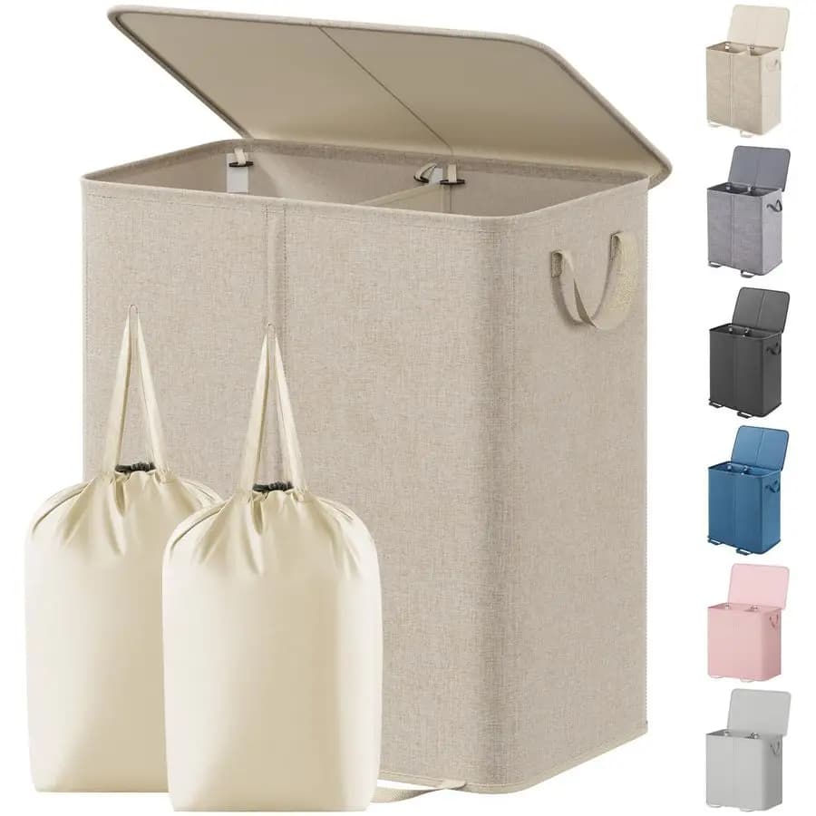 Double Waist Basket with Removable Cover and Bags, Large Folding Basket for Dimmed Dresses with 2 Dividers and Handles