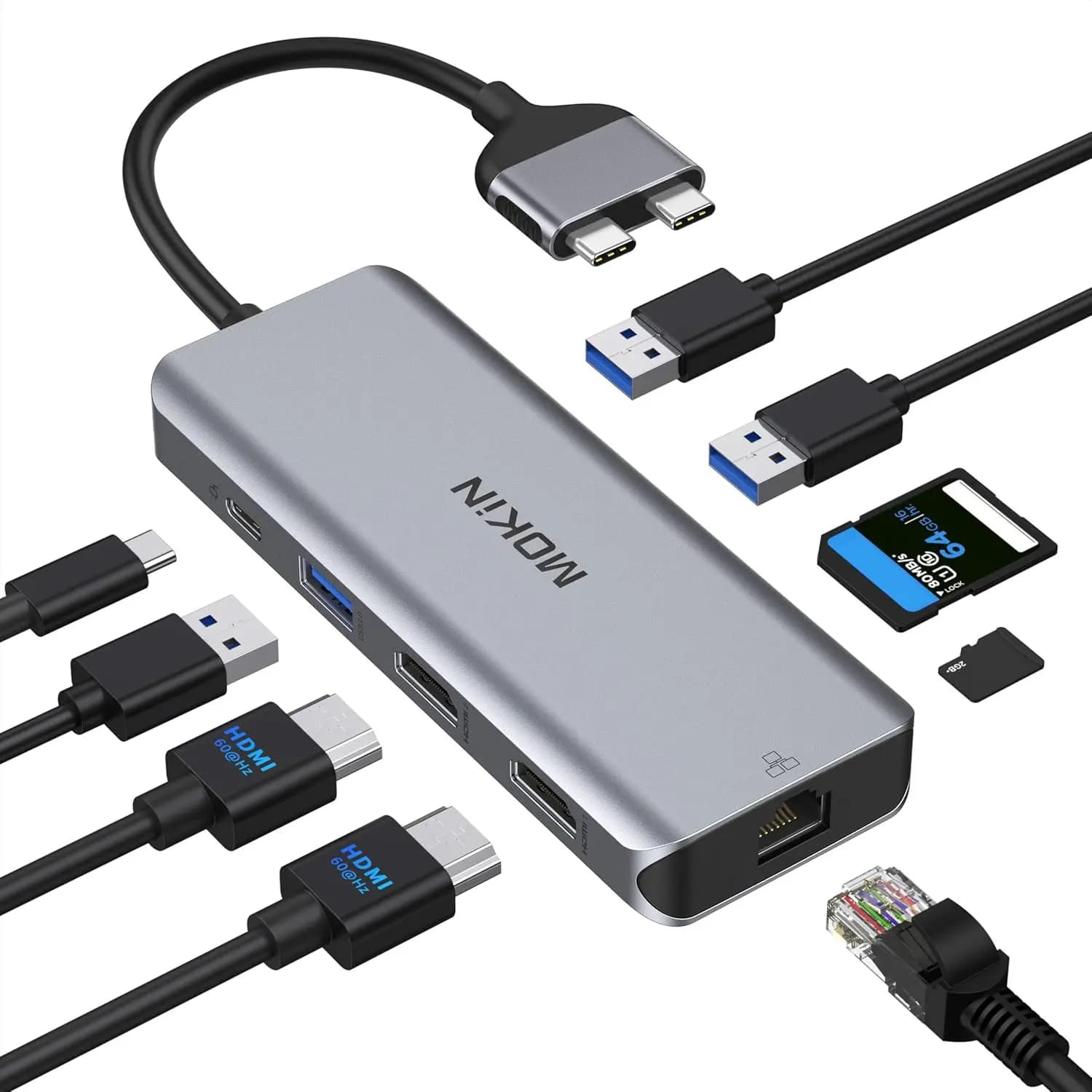 Docking Station USB-C 9-in-1 per MacBook Pro/Air, Doppio HDMI 4K, Ethernet, 3 Porte USB, Lettore SD/TF, 100W PD