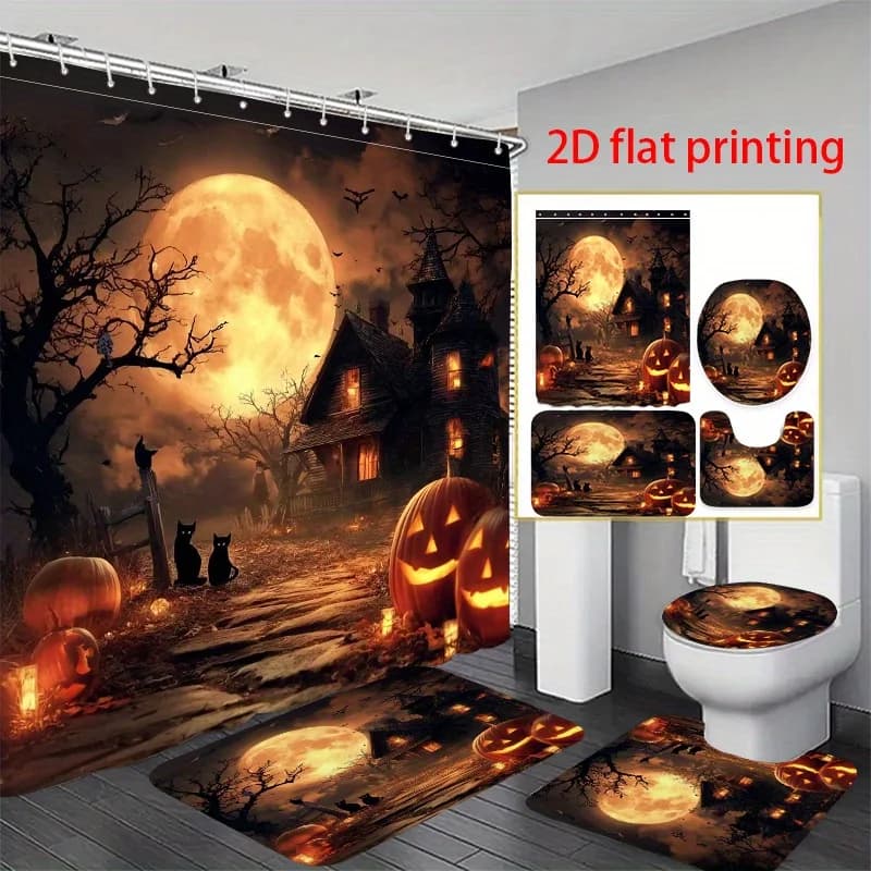 Set da bagno con tenda da doccia con stampa piatta 4 pezzi 2D Notte di Halloween con casa stregata e zucche. Morbida, la maggior parte delle vasche da bagno e