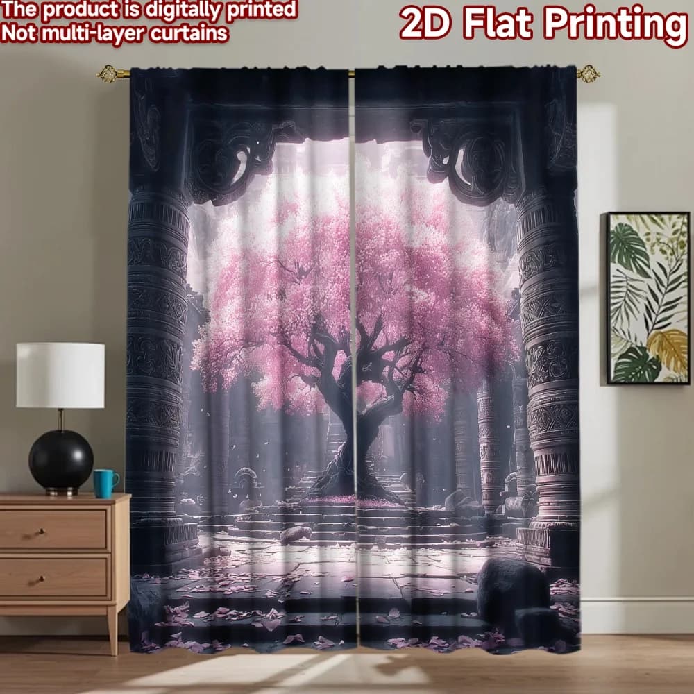 Tende per finestra con stampa 2D, 2 pezzi, motivo ciliegio in fiore, cortile, fantasia, drappeggi in poliestere stampati digitalmente per feste di compleanno