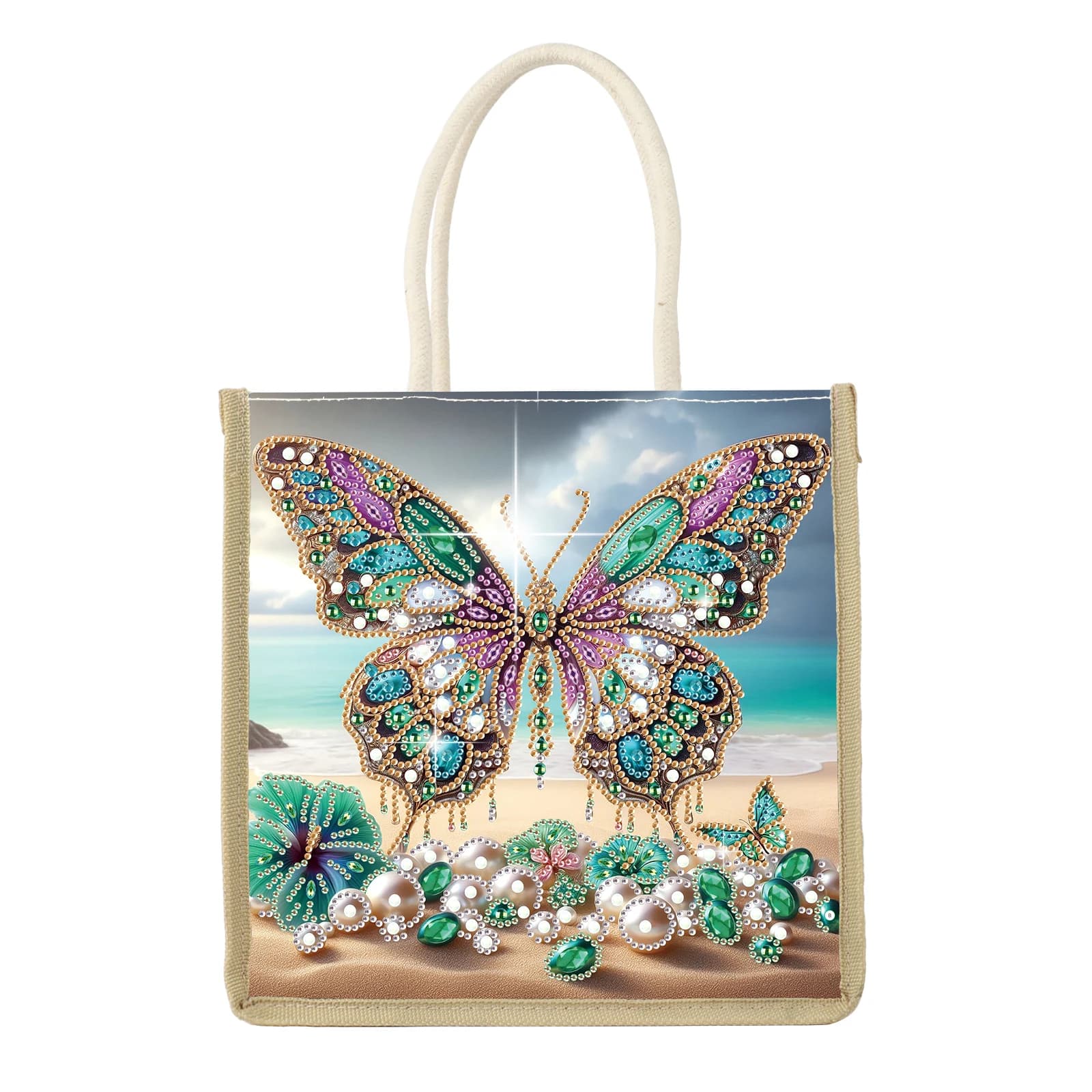 Set of bags for artistic painting with diamonds, beach butterfly, special shape, art bag on canvas with diamonds, shopping bag, handmade gift