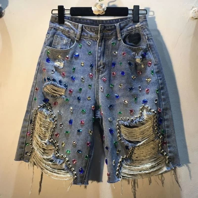 Pantaloncini con foro jeans Donna Estate 2025 Pantaloni corti Vita alta elasticizzati Diamanti lavati effetto consumato Streetwear Denim dritti