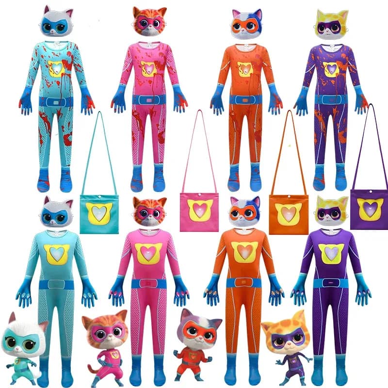 2025 New Halloween Halloween Costumes Kids SuperKitties Anime Cosplay Children Bodysuit Boys Suits with Mask Girls Carnival Birt