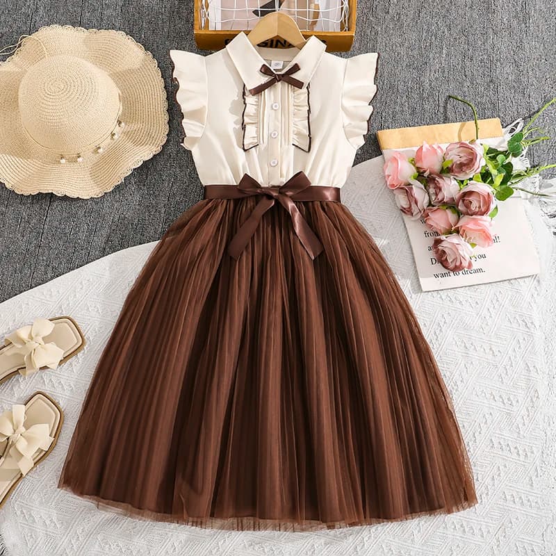 Abito in Tulle Beige e Marrone per Bambine 8-12 Anni, con Maniche a Volant, Colletto a Camicia e Gonna in Tulle con Cintura Decorativa, Abbigliamento Casual per Bambini