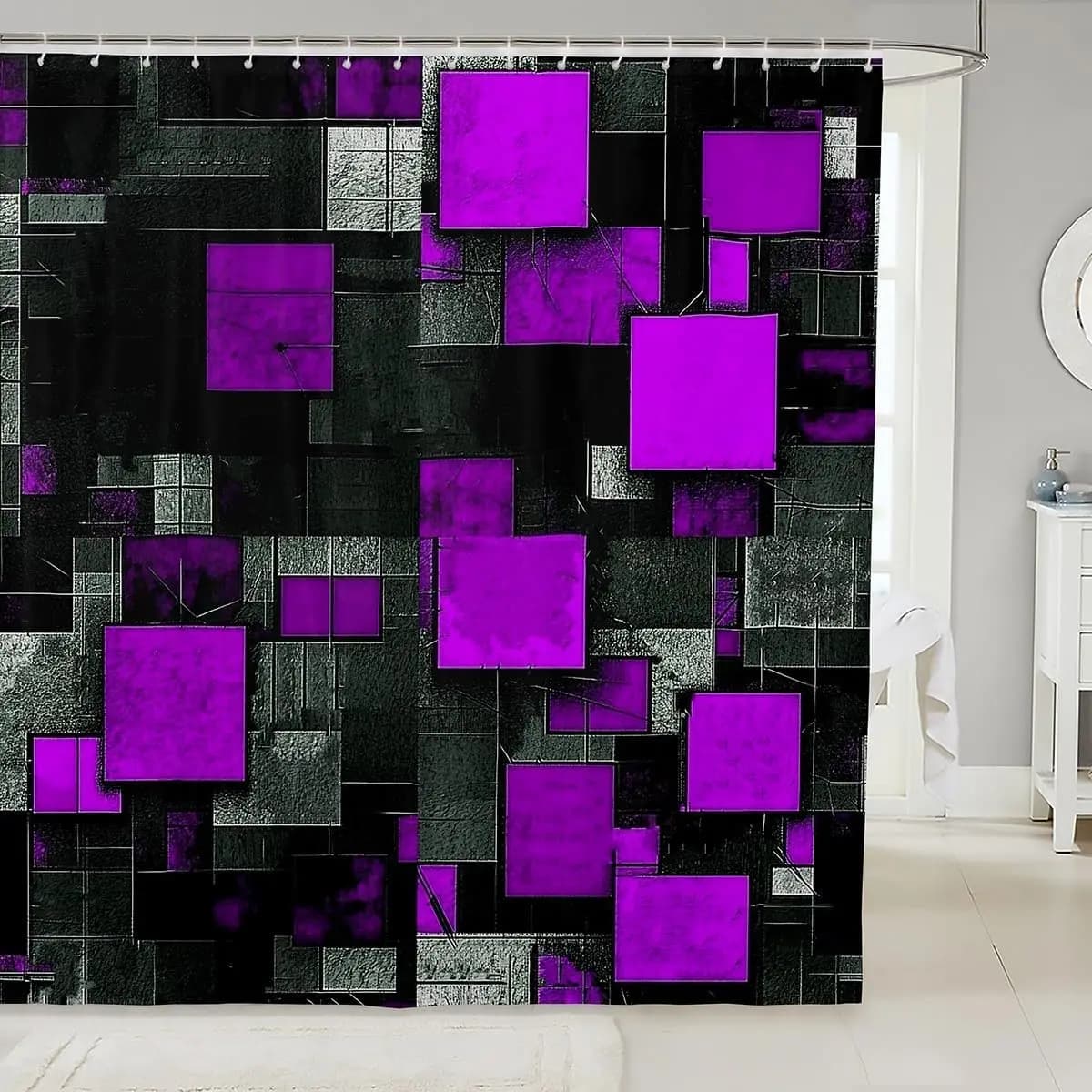 Tenda da Doccia per Bambini Viola e Nera con Motivo Geometrico a Griglia, Set Tenda Doccia per Bagno con Arte Astratta per Bambini