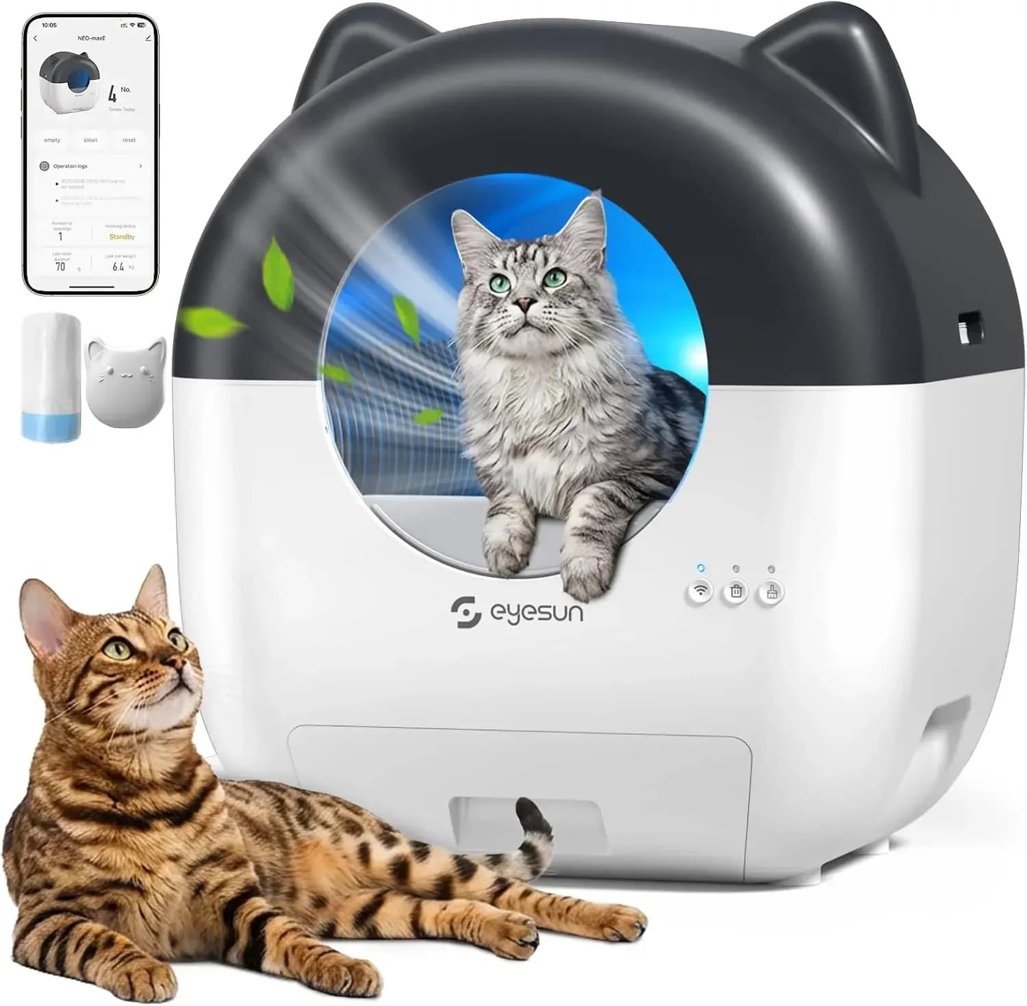 Lettiera autopulente, lettiera automatica per gatti da 76L con controllo tramite APP, silenziosa, protezione di sicurezza, sacchetto per rifiuti a rullo