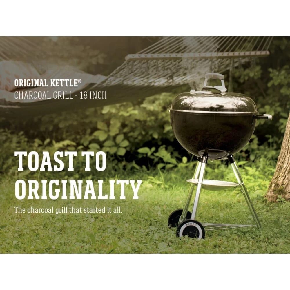 18 Inch Black Kettle Charcoal Grill with One Touch Cleaning System and Temperature Control Dampers for Outdoor BBQ