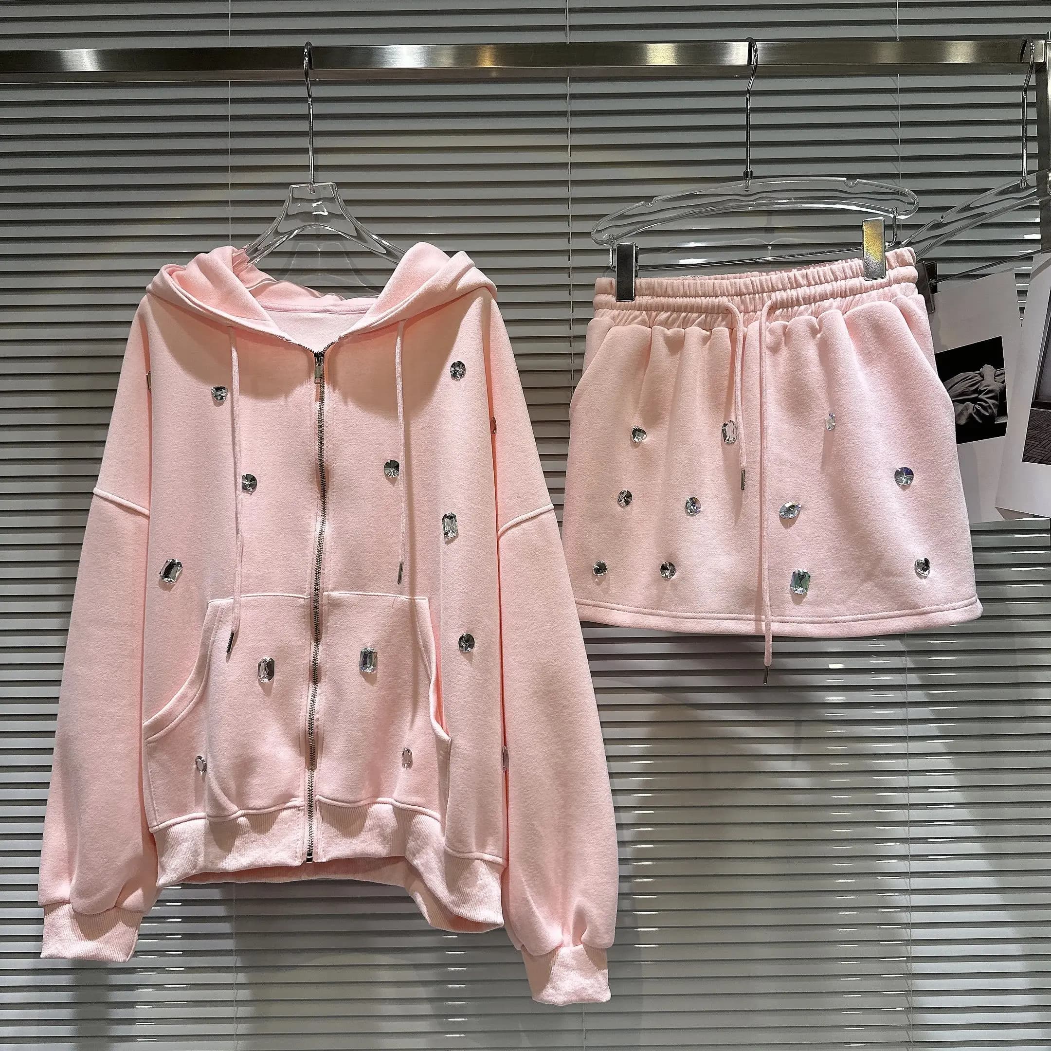 Street Style Thickened Particle Gem Button Jacket Sweatshirt Short Skirt Set Casual Autumn New Arrival Women's Fashion Ensemble