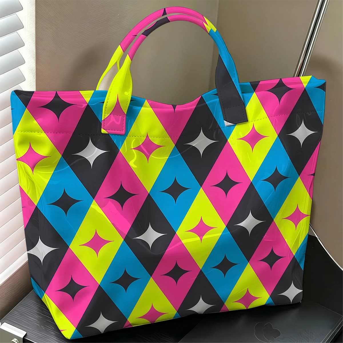 Color Diamond Grid Stylish Large Glossy PVC Tote Bag Washable Waterproof Durable Ideal for Travel Commute Cosmetics Handbags
