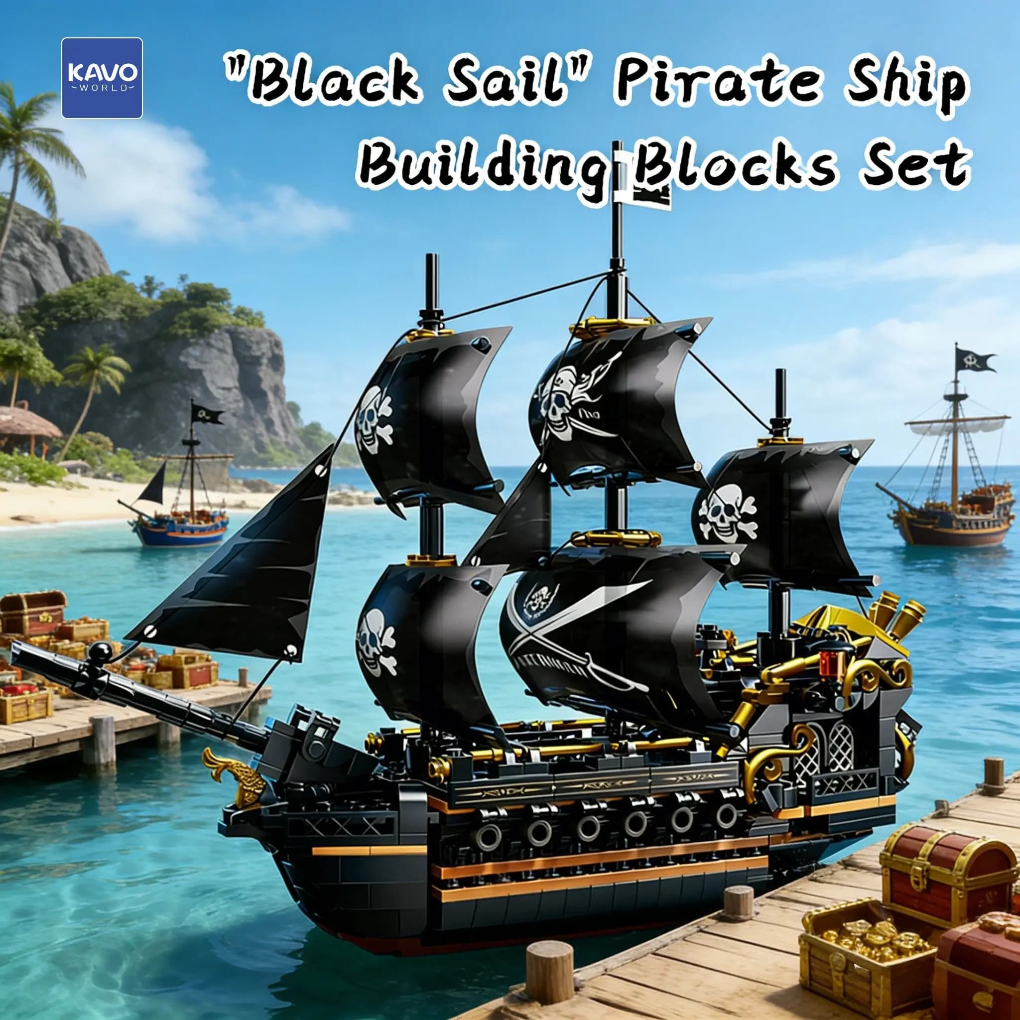 KAVOWORLD Set di Costruzioni Nave Pirata Avventura Nera e Oro da 801 Pezzi, Giocattoli Educativi STEM, Costruzione Stimolante per Collezionisti, Regali di Natale