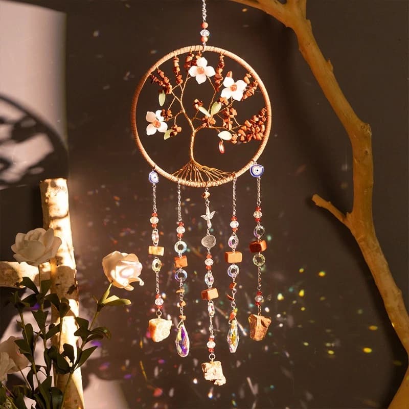 Natural Agate Crystal Chips Dreamcatcher Tree of Life Wind Chime Hanging Ornament Jewelry Gift Birthday Present Home Wall Decor