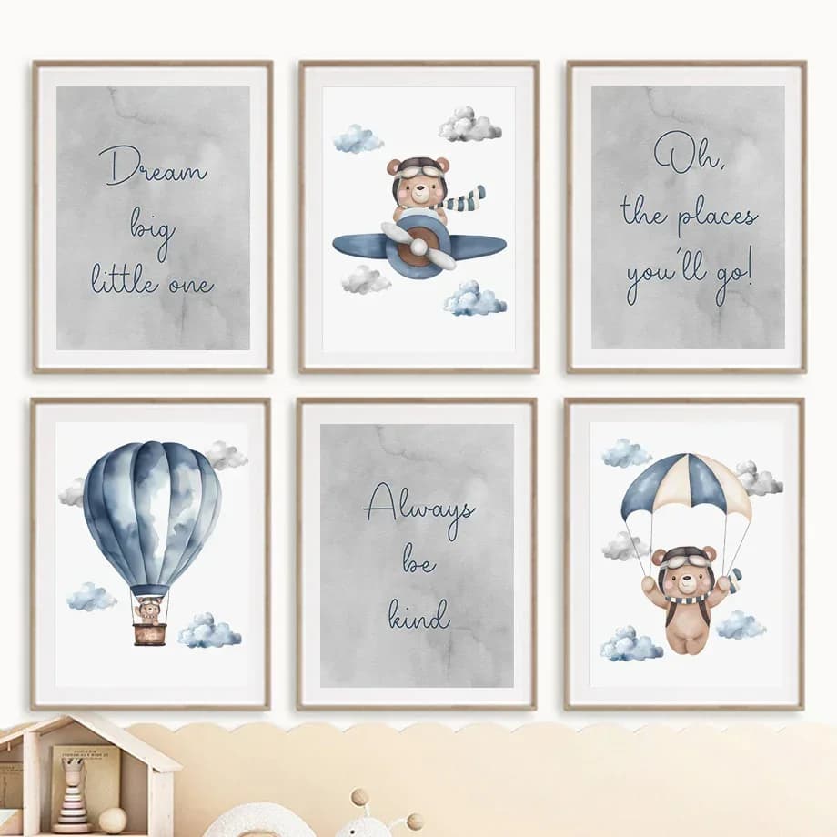 Bear Hot Air Balloon Airplane Inspirational Quotes Wall Art Canvas Painting Posters And Prints Pictures For Boy Kids Room Dec