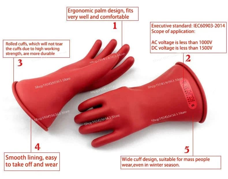 ​​Class 00 5KV Rubber Insulating Gloves - Extended Cuff Latex Dielectric Safety Mittens for Electricians