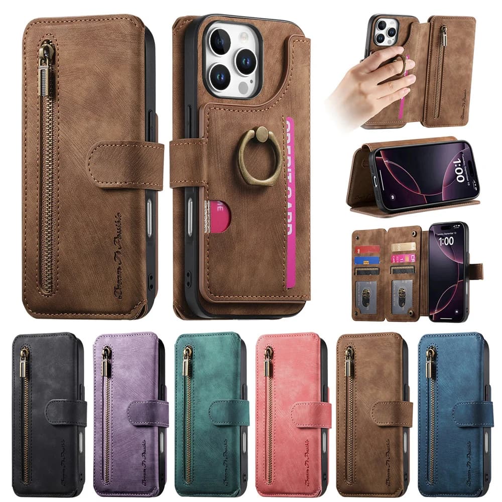 Phone Case with Wallet Card Slots with Magnetic Vibration for IPhone 17 Air 16E 16 15 Plus 14 13 12 11 Mini Pro Max Leather Case with Ring Support