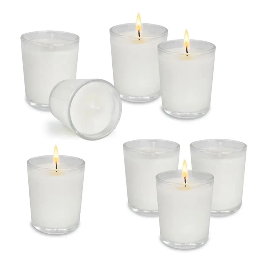 Confezione di candele votive bianche riempite di vetro trasparente non profumate. Candela di cera con custodia a mano, regali ideali per aromaterapia, spa, matrimoni, compleanni