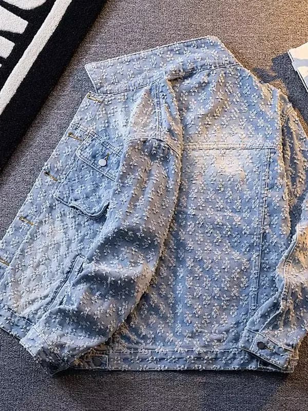 Retro American Washed Floral High Street Denim Jacket Men Spring Autumn Trendy Loose Casual Top Coat Youth Popular Jeans