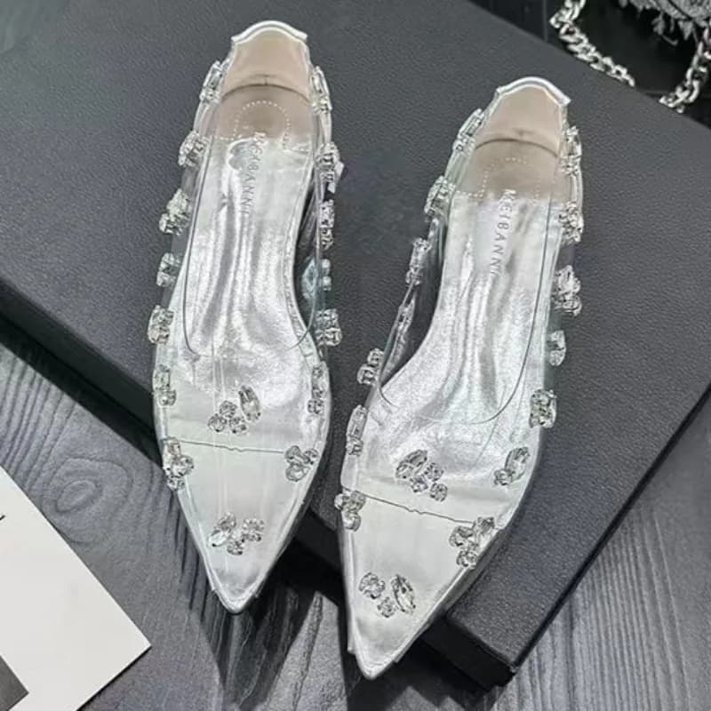 2026 Transparent PVC Rhinestone Flat Shoes Sexy Pointed Red Sole French Single Shoes Women's Crystal Shoes