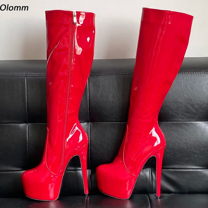 Olomm Stivali invernali da donna con plateau Stivali alti al ginocchio Tacchi a spillo sexy Punta tonda Scarpe da festa piuttosto viola rosa grigio Plus Taglia USA 5-20