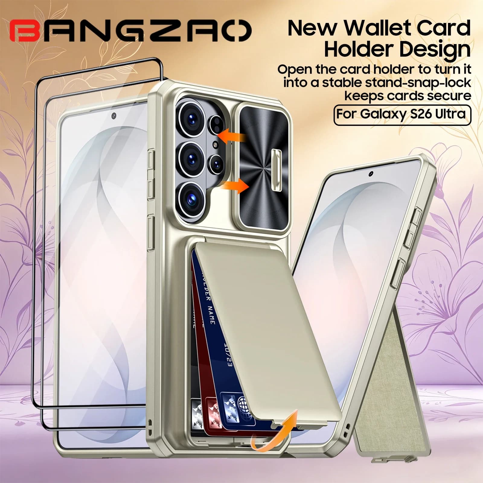 Custodia per Samsung Galaxy S26 Ultra con slot per carte RFID e protezione per obiettivo, cover antiurto - Ottima idea regalo per la Festa della Mamma - Titanio