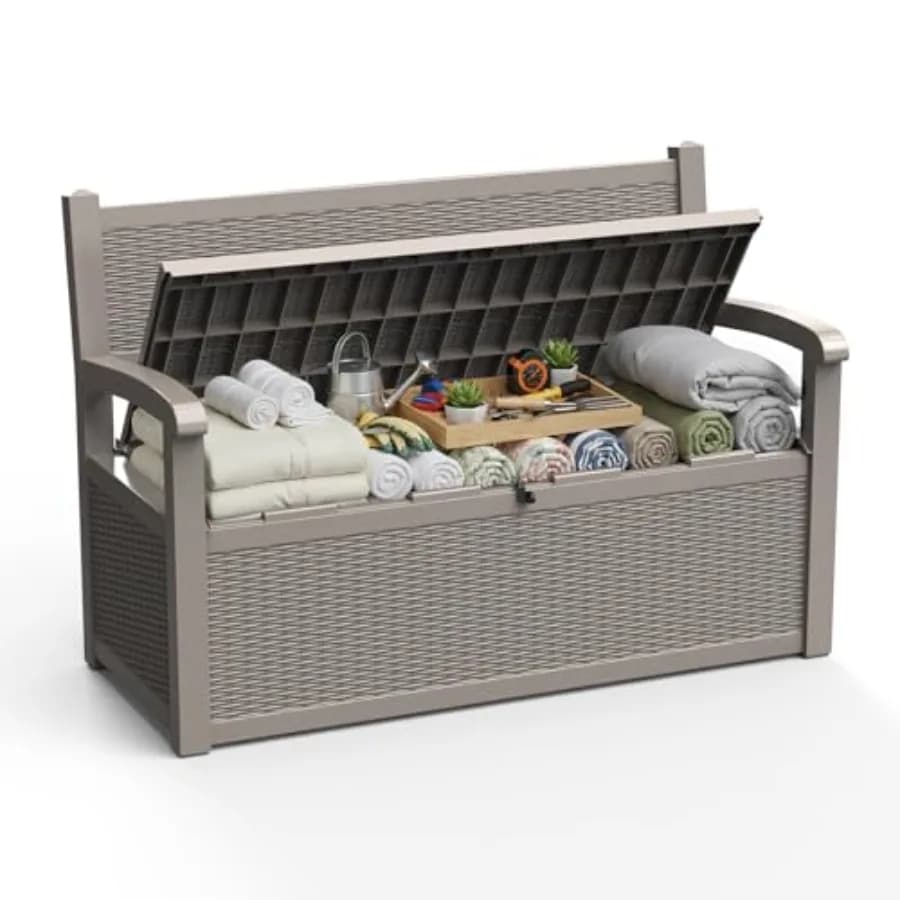 Exterior container with 80 Gallon seat, Storage box in Resin with Arms, Waterproof and Lockable for Portico, Patio and Garden S