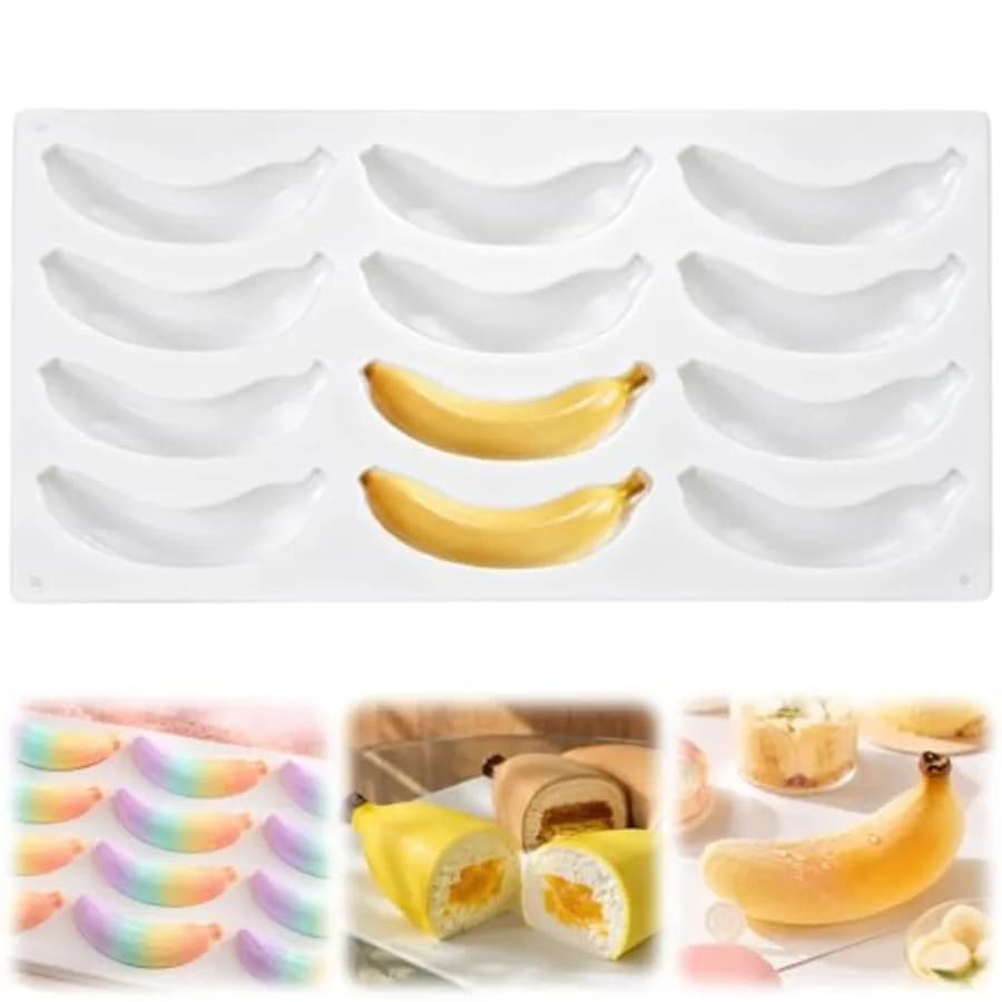 Banana Silicone Molds, 12 Cavity 3D Banana Shape Baking Mold for Chocolate, Cake, Dessert, Pudding, Bread, Ice Cube, Non-Stick