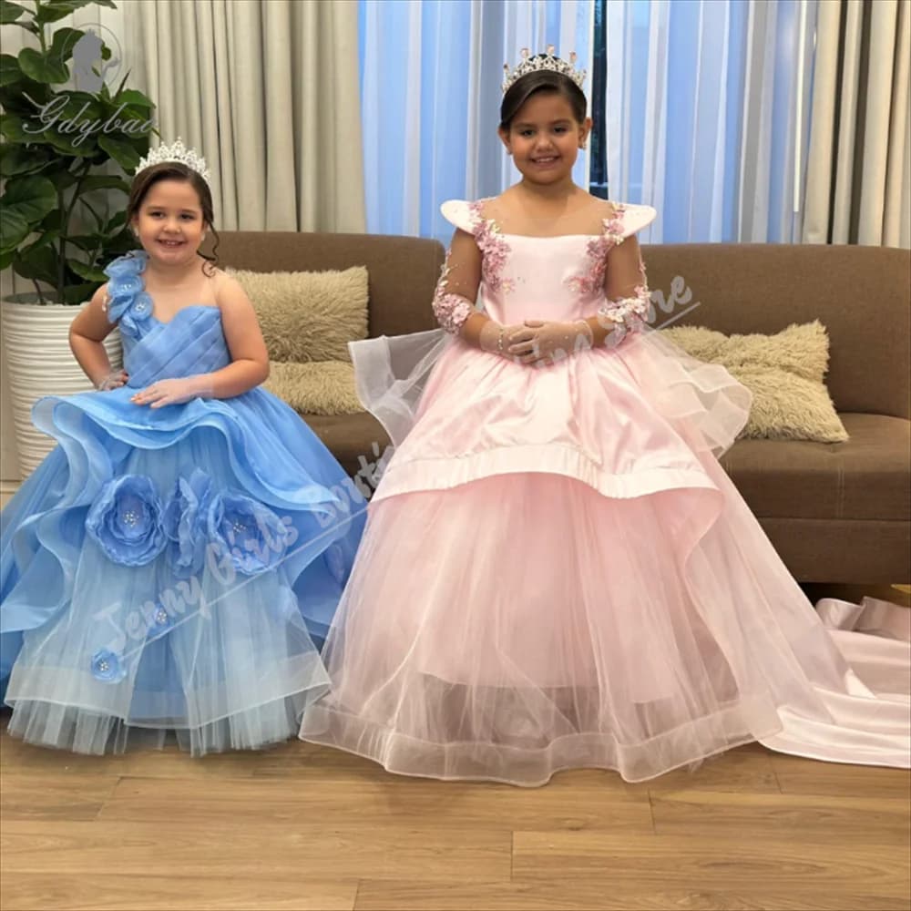 Abito da ragazza di fiori per bambini, tulle di raso, pizzo, volant, maniche lunghe trasparenti, per matrimoni, feste di compleanno e fotografia