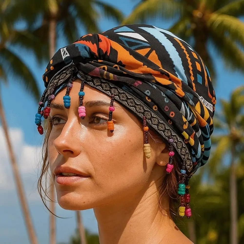 Elastic Colorful Beaded Headscarf Hijab Ethnic Style Pre-tie Head Wraps Indian Style Brimless Beanie Hat Jacquard Pullover Cap