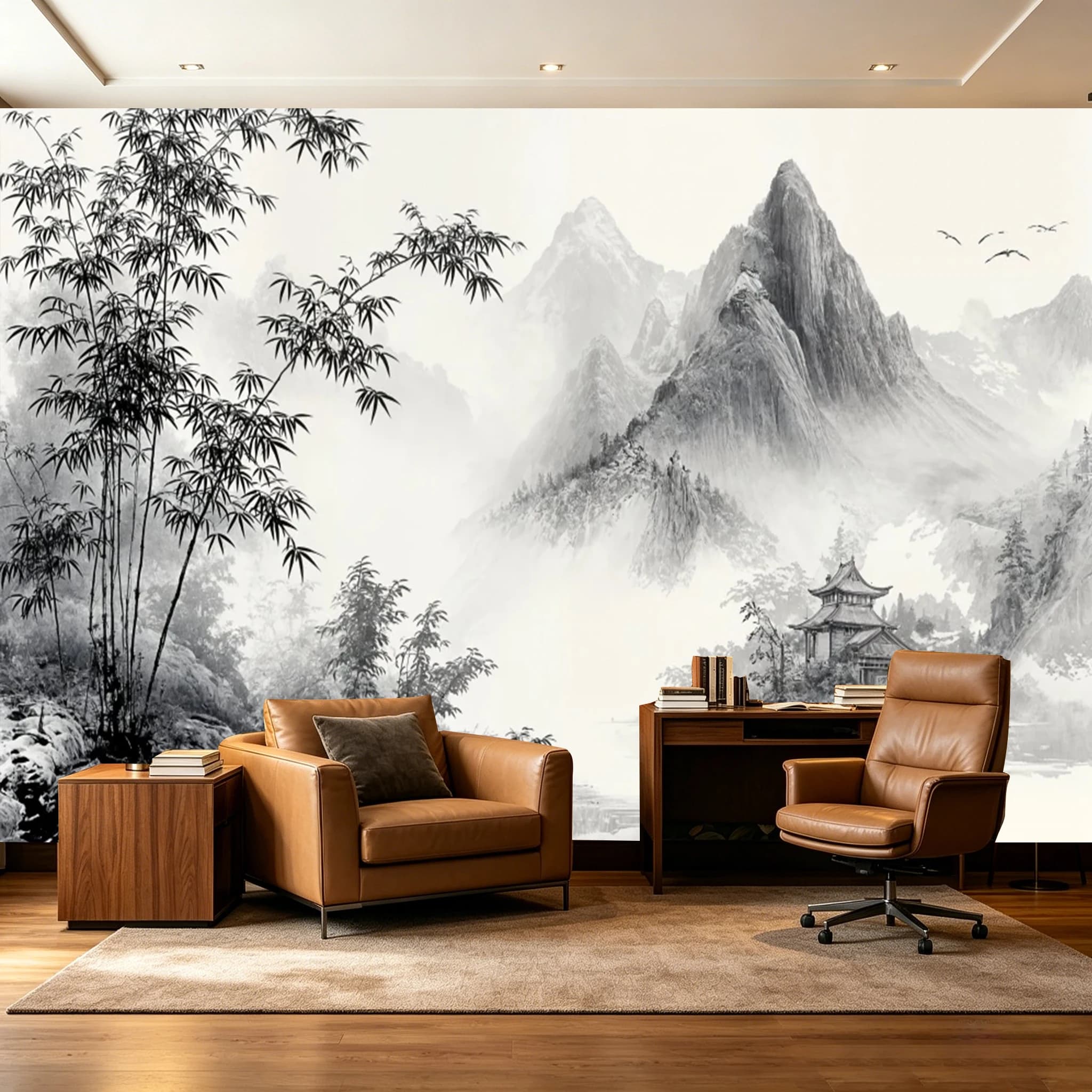 Wall mural with Chinese ink landscape, customizable size, traditional black and white wallpaper with bamboo and mountains for living room and tea room