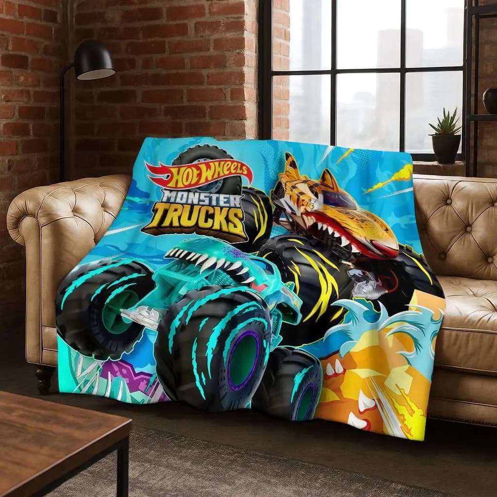 Coperta in Flanella 3D Hot Wheels con Auto da Corsa e Monster Truck, Morbida Coperta Decorativa per Letto, Camera da Letto, Soggiorno, Viaggio, Regalo