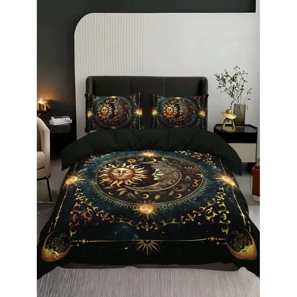Set copripiumino super morbido e traspirante Golden Sun And Moon Planet, 1 copripiumino, 2 federe senza imbottitura, per casa e dormitorio