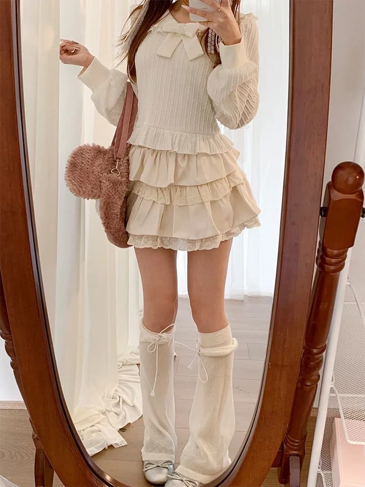 Dolce set lavorato a maglia con colletto e nodo per bambola per donna, gonna a vita media, abbigliamento da lavoro casual, inverno Faion