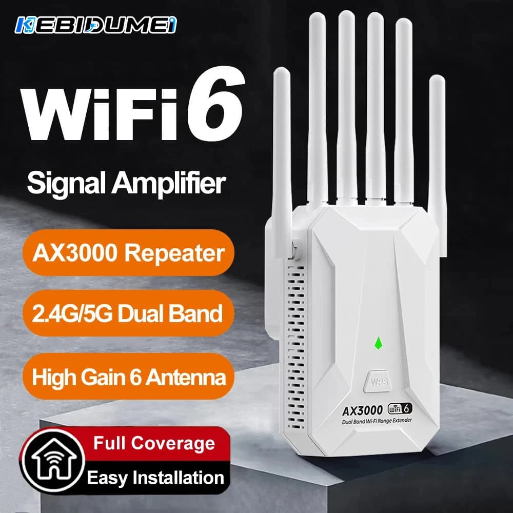 KEBIDUMEI 3000Mbps WIFI6 Repeater Dual Band 2.4Ghz 5GHz Extender 802.11ax Wi-Fi Amplifier High Gain Six-antenna Wi-Fi Booster