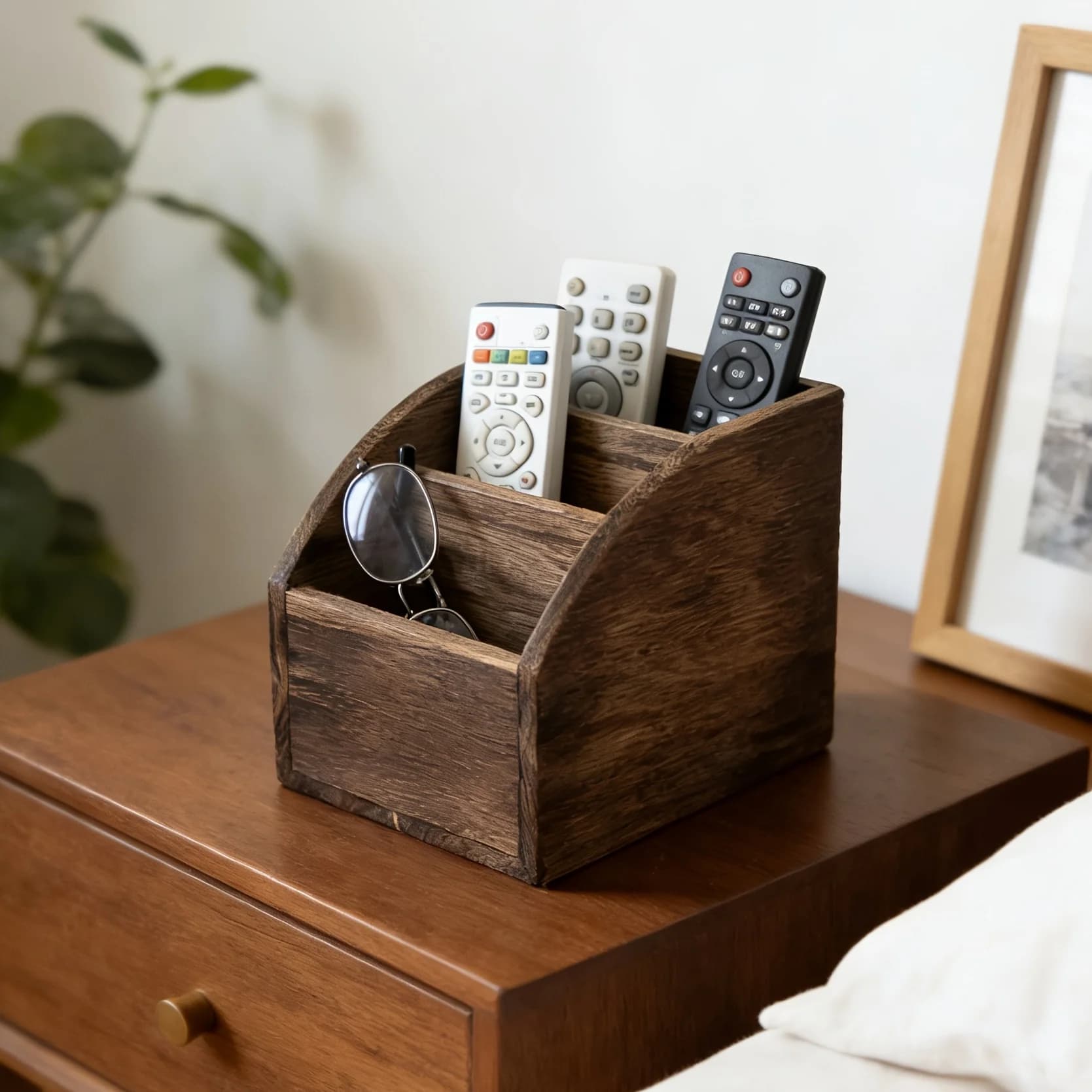 Vintage Solid Wood Remote Control Storage Box Multi Compartment Desk Organizer For Bedroom Nightstand Living Room Desktop Storag