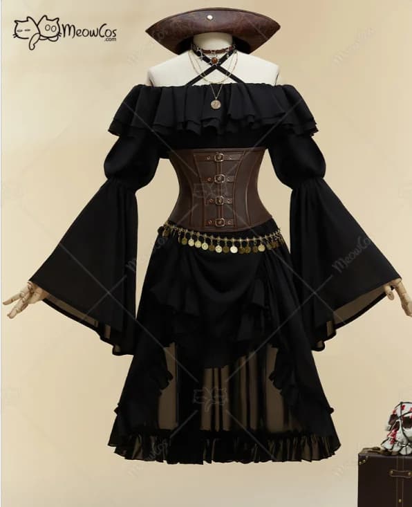 MOBBUNNY Black Halloween Style Pirate Women's Dress, Strapless Dress with corset and hat, Halloween cosplay costumes