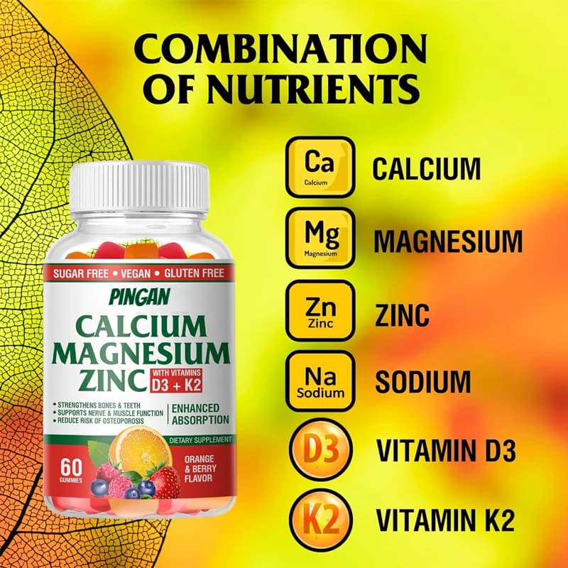 Caramelle gommose al calcio, magnesio e zinco contengono le vitamine D3 e K2 - Migliora efficacemente l'assorbimento - 60 gommose al gusto di arancia e bacche